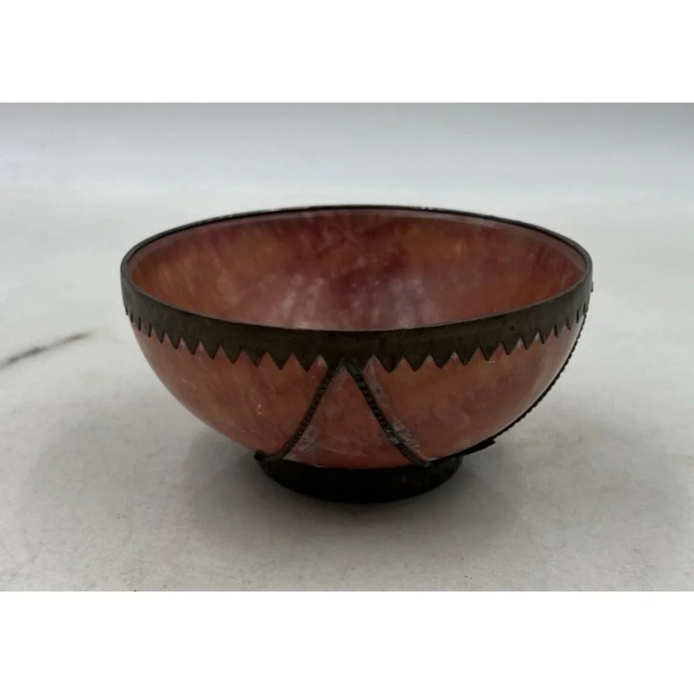 Antique Chinese Pink Crystal Soapstone Dragon & Phoenix Brass Bowl Home Decor